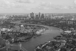 An aerial view of London, with the river Thames in the middle